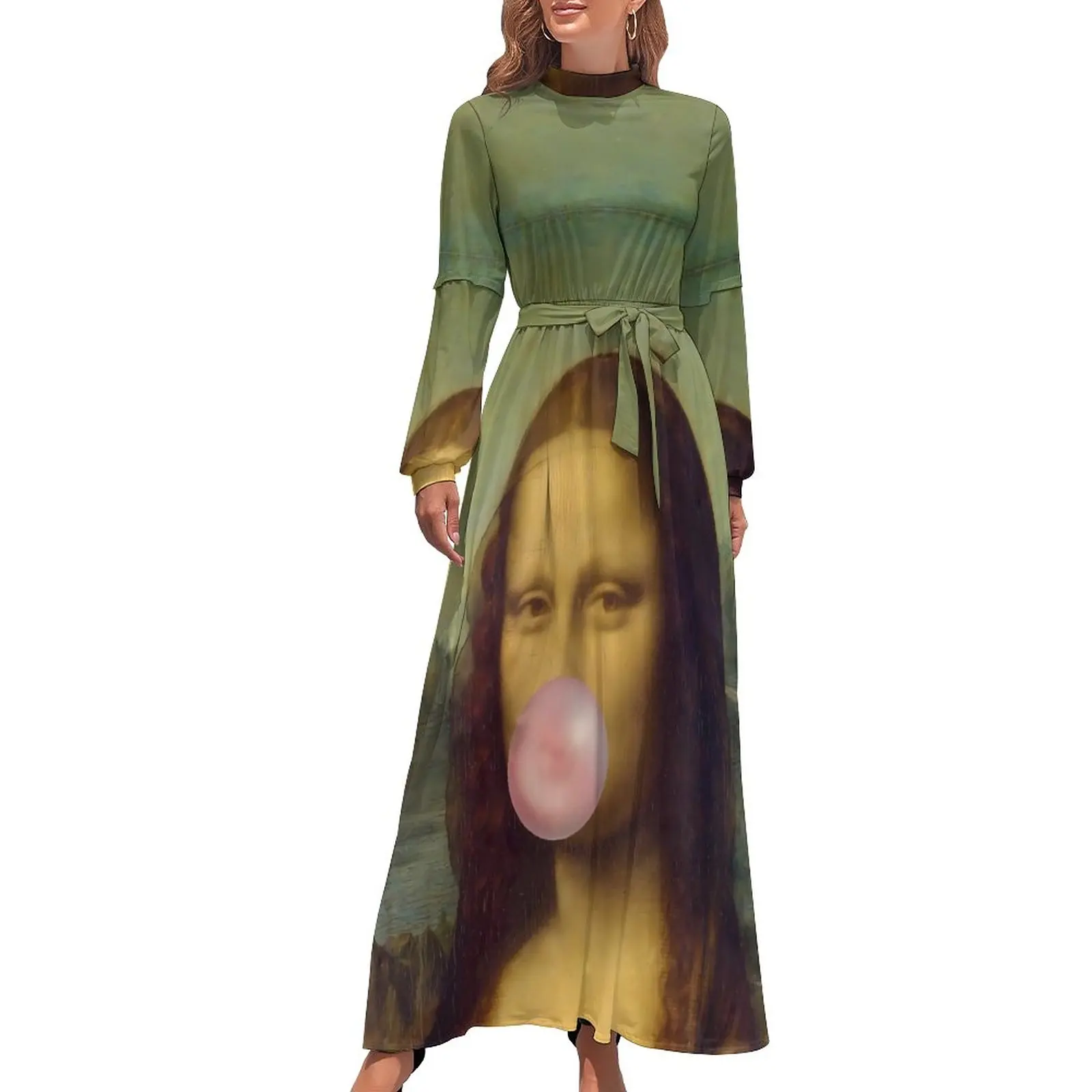 Mona Lisa Chewing Gum Dress Funny Street Fashion Bohemia Dresses Womens Long Sleeve High Neck Cute Long Maxi Dress