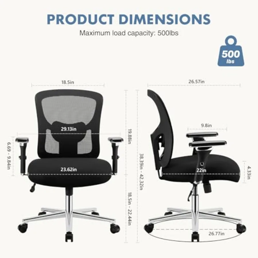 Big and Tall Office Desk Chair with Lumbar Support, 500lbs Heavy Duty Mesh Ergonomic Computer Chair with 4D Armrest and Wide Co view 2