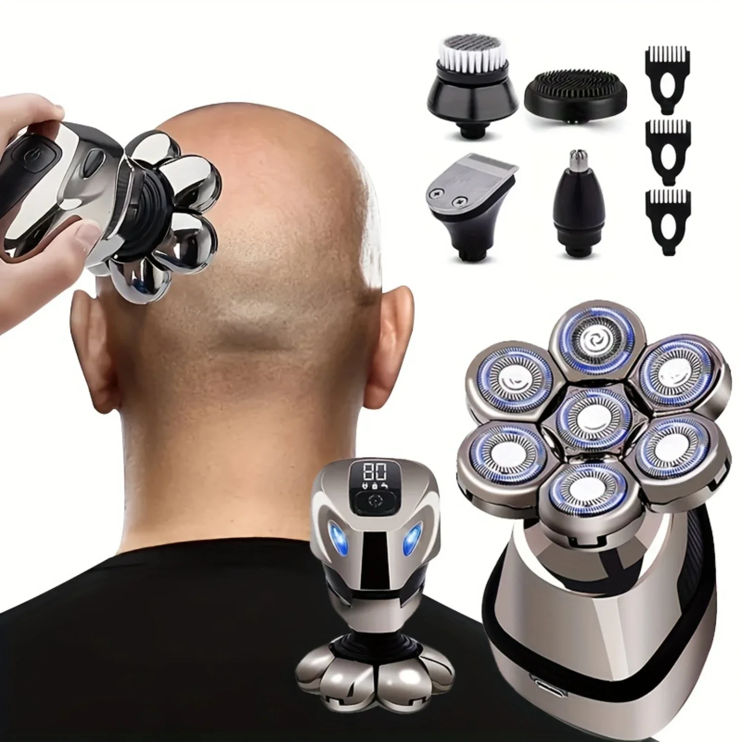 

Cordless Rechargeable Hair Shaver for Men, Wet/Dry Bald Head Grooming with Rotary Blades & Clippers