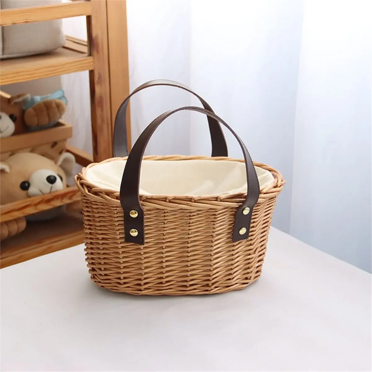 Elegant Wicker Picnic Basket with Double Leather Handles, Handmade Willow Hamper for Various Occasions