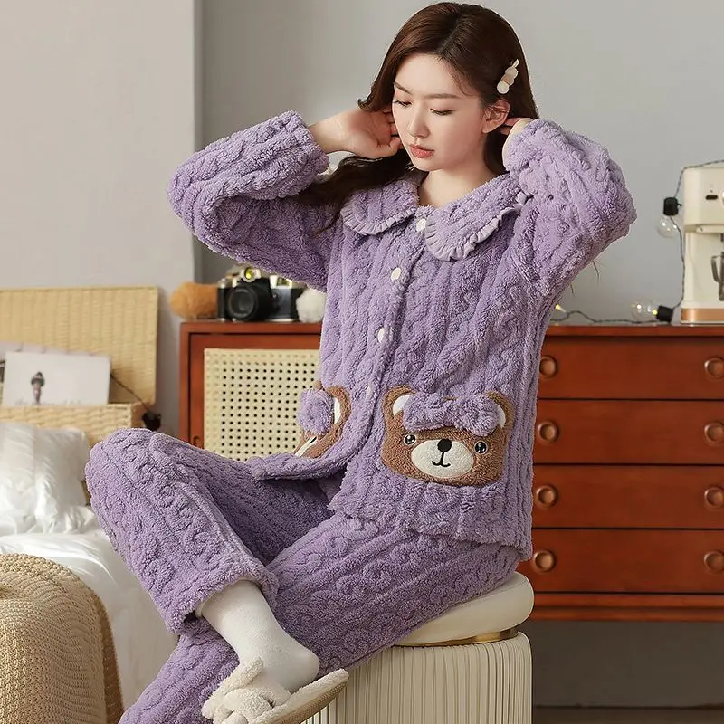 2023 New Pajama Women Coral Velvet Winter Plus Velvet Thickening Cute Cartoon Home Clothes Plus Size Leisure Wear