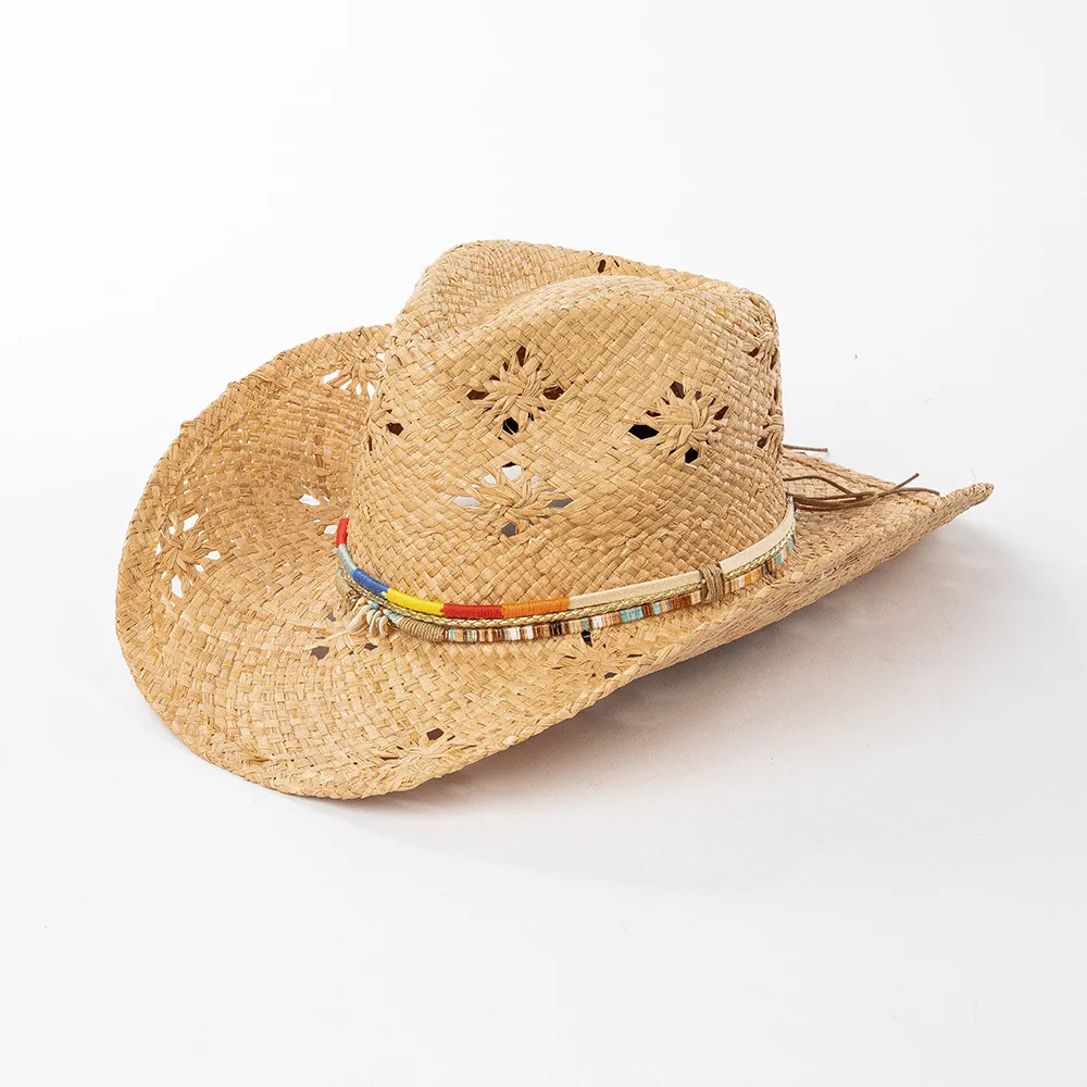 

Hot-Selling Spring and Summer New Fashion Colorful Strips with Hand-Knitted Raffia Large-Brimmed Cowboy Hat Sunshade Straw Hat
