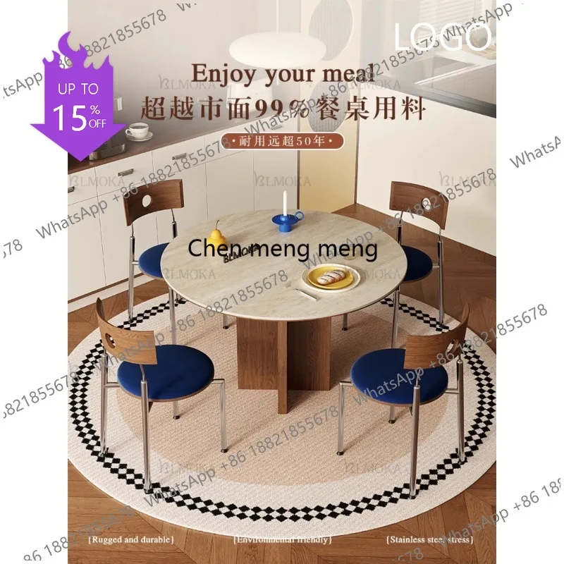 

Q181 Off-white rock slab dining table Travertine retro mid-ancient style walnut solid wood rock slab Bauhaus 1 meter round table