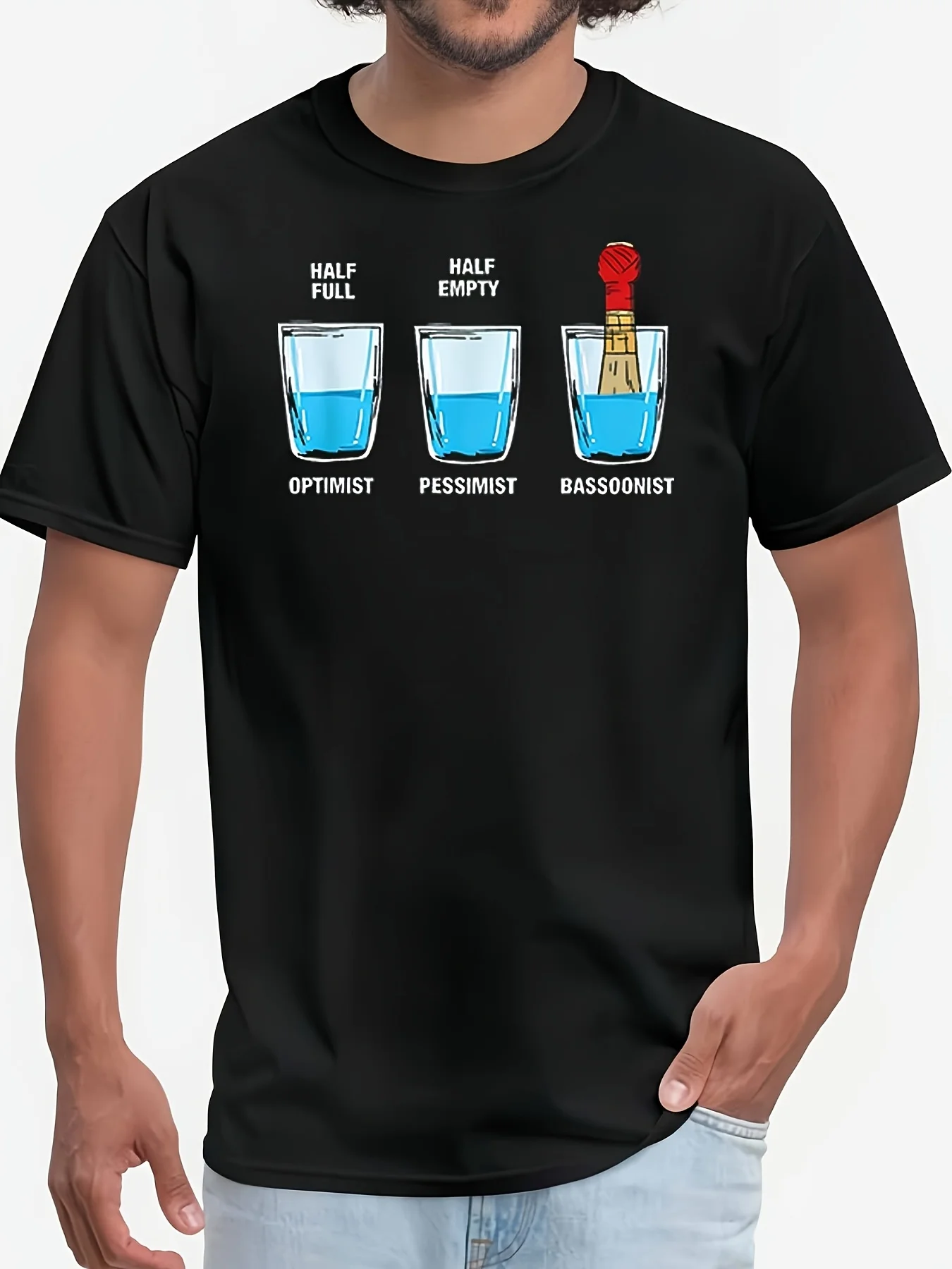 Men'S T-Shirt Funny Bassoonist Half Full Half Empty Optimist Pessimist Design Men'S Retro T-Shirt Father'S Day Gifts