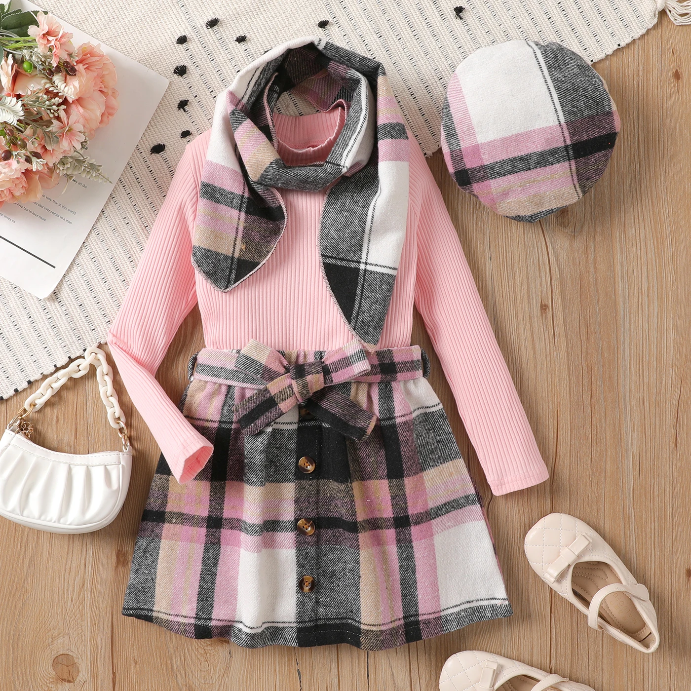 PatPat 4pcs Kid Girl 95% Cotton Ribbed Solid Long-sleeve Top and Plaid Belted Skirt & Hat & Scarf Set