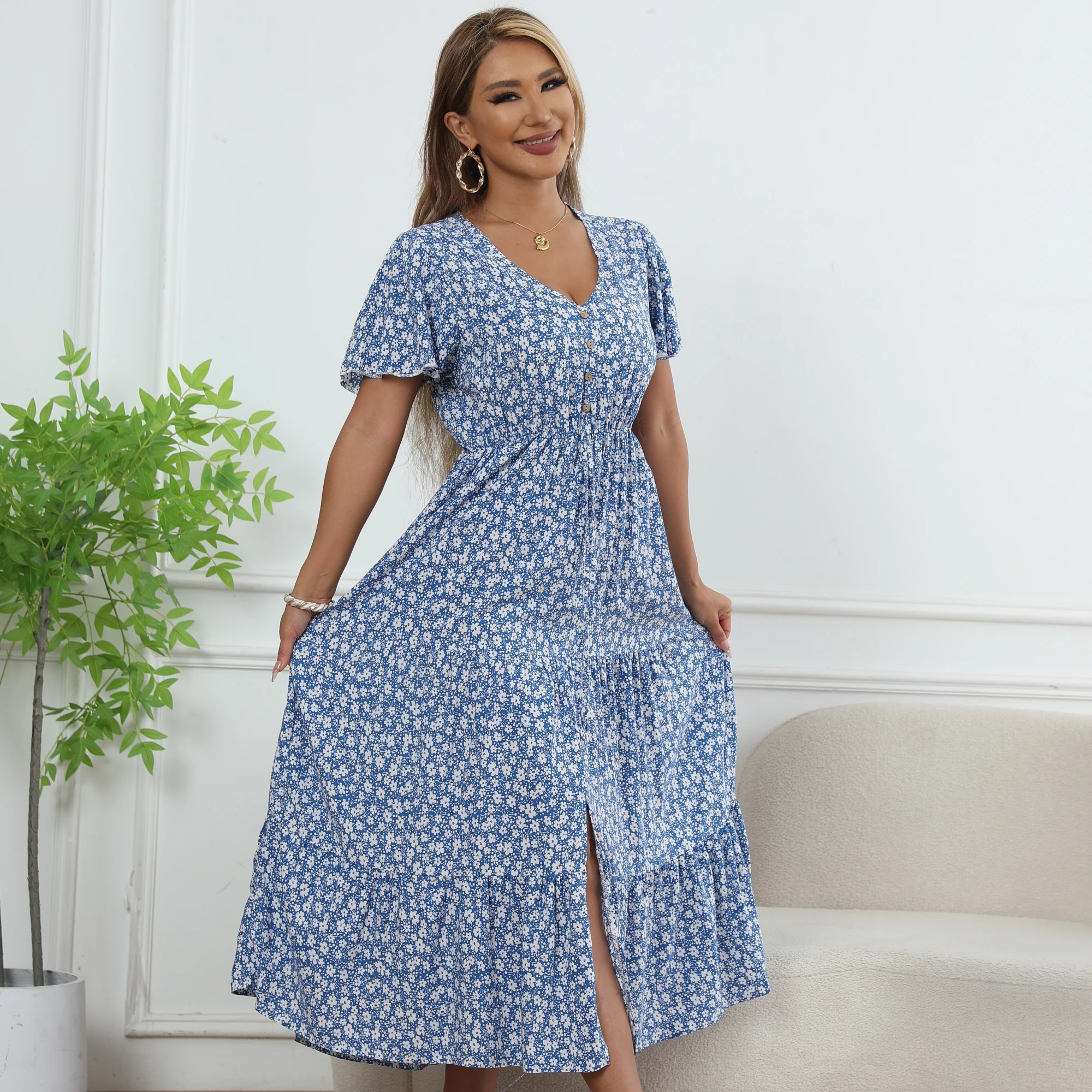 عارضة أزياء صغيرة الأزهار الصيف نمط طويل ركاب الأزهار تنورة فستان المرأة