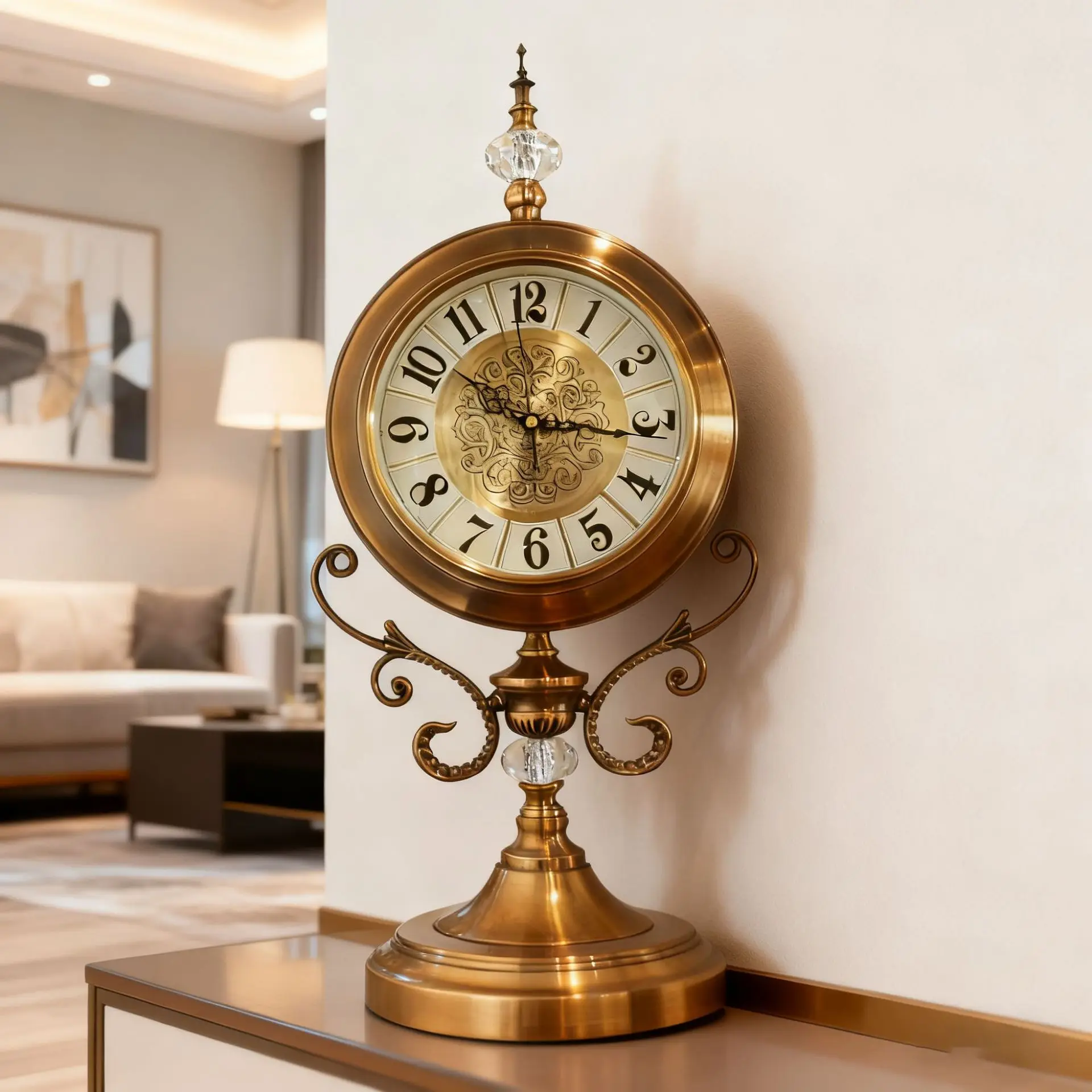 New European-style desk clock, living room light luxury copper plating process ornament, bedroom silent desktop clock and watch