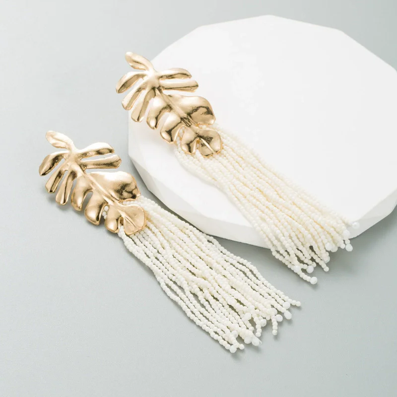 

Tassel Beads Long Gold Leaf Drop Earrings for Women Boho Jewelry