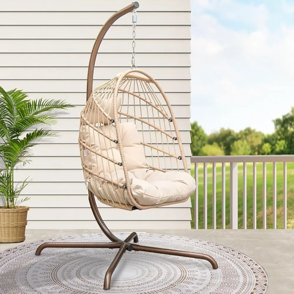 RADIARA-Dobrável Wicker Rattan Pendurado Egg Cadeira com Suporte, Cadeira Swing com Almofada e Travesseiro, Cadeira Lounging para Interior