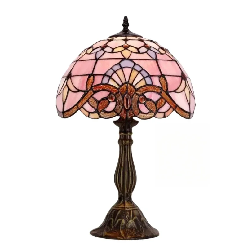 12inch 30cm Classical Pink Baroque Stained Glass Tiffany Table Light Study Bar Hotel Bedside Desk Lamp Lampara Mesa De Noche