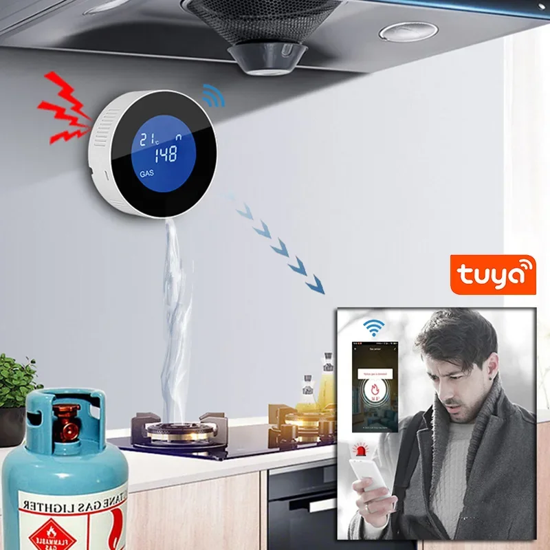 Funkcja aplikacji WiFi Tuya wyciek gazu ziemnego kuchenna czujnik alarmu temperatura cyfrowy wyświetlacz LCD syrena dźwiękowa detektor palny