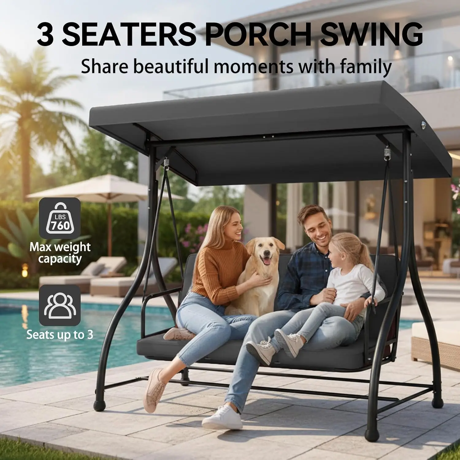 3-Seat Outdoor Porch Swing Glider with Adjustable Canopy, Patio Swings Bed with Removable Cushion for Porch,Customized