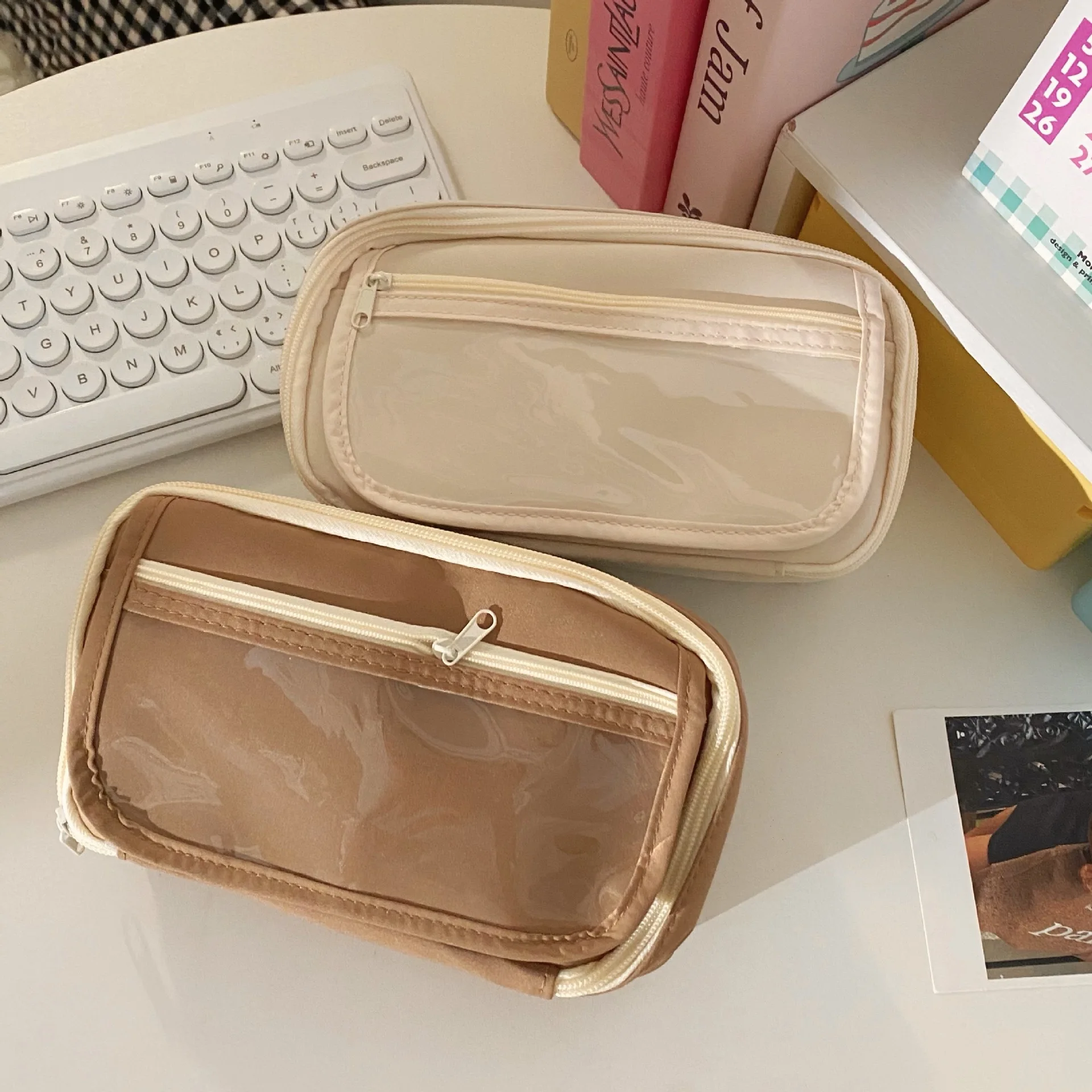 Canvas Transparent Multilayer Pencil Case Student Teenager Girls Storage Pen Bag Office Students Stationery Supplies Gifts