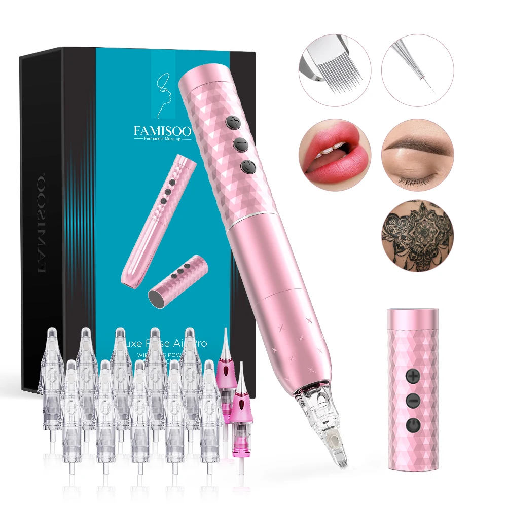 

FAMISOO Professional Permanent Makeup Machine Kit With 12pcs Needles Wireless Tattoo Machine For Brows Lip Eyeliner SMP Tattoo