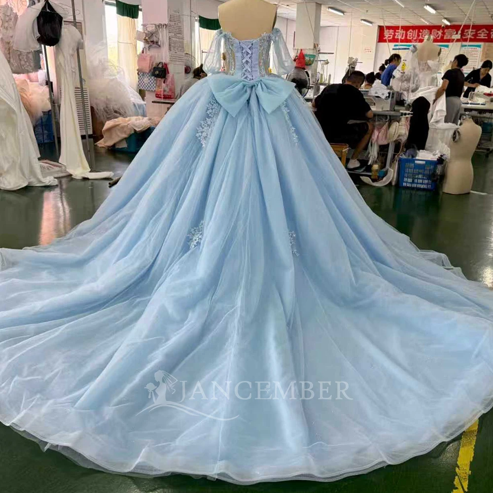 블루 프린세스 볼 가운 킨세아녜라 드레스 반짝이는 스쿱 레이스 생일 파티 맞춤형 우아한 파티 드레스