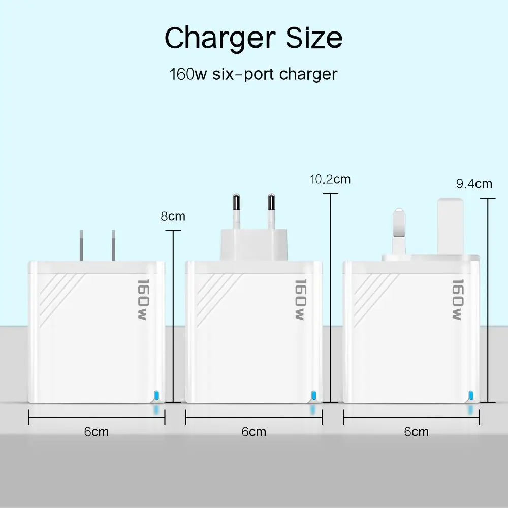 Cargador de 6 puertos de 160W, enchufe USB A + C con adaptador de cargador de teléfono LED, carga rápida PD QC3.0, cargador multipuerto para iPhone/Samsung