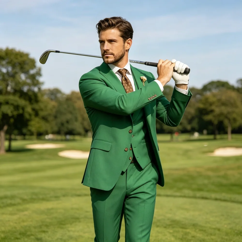 

Мужской костюм-тройка цвета хаки: приталенный пиджак с острыми лацканами, жилет и брюки. Элегантный комплект для свадьбы, бизнеса и вечеринок. Высокое качество.