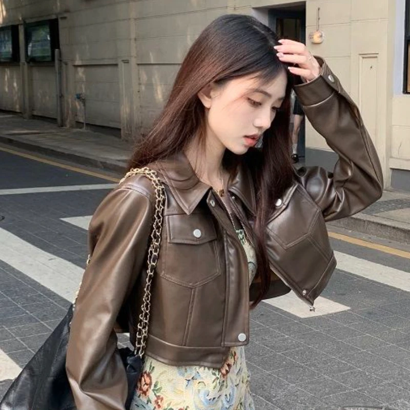 PU Jackets Women Crop Solid Vintage Spring Baggy Streetwear Outwear Unisex Fashion Casual All-match Simple New Korean Style Chic