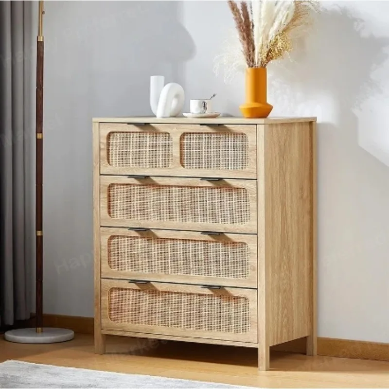 5Drawer Dresser with Rattan Finish, Modern Farmhouse Chest of Drawers with Metal Handles, Accent Wood Storage (Natural)