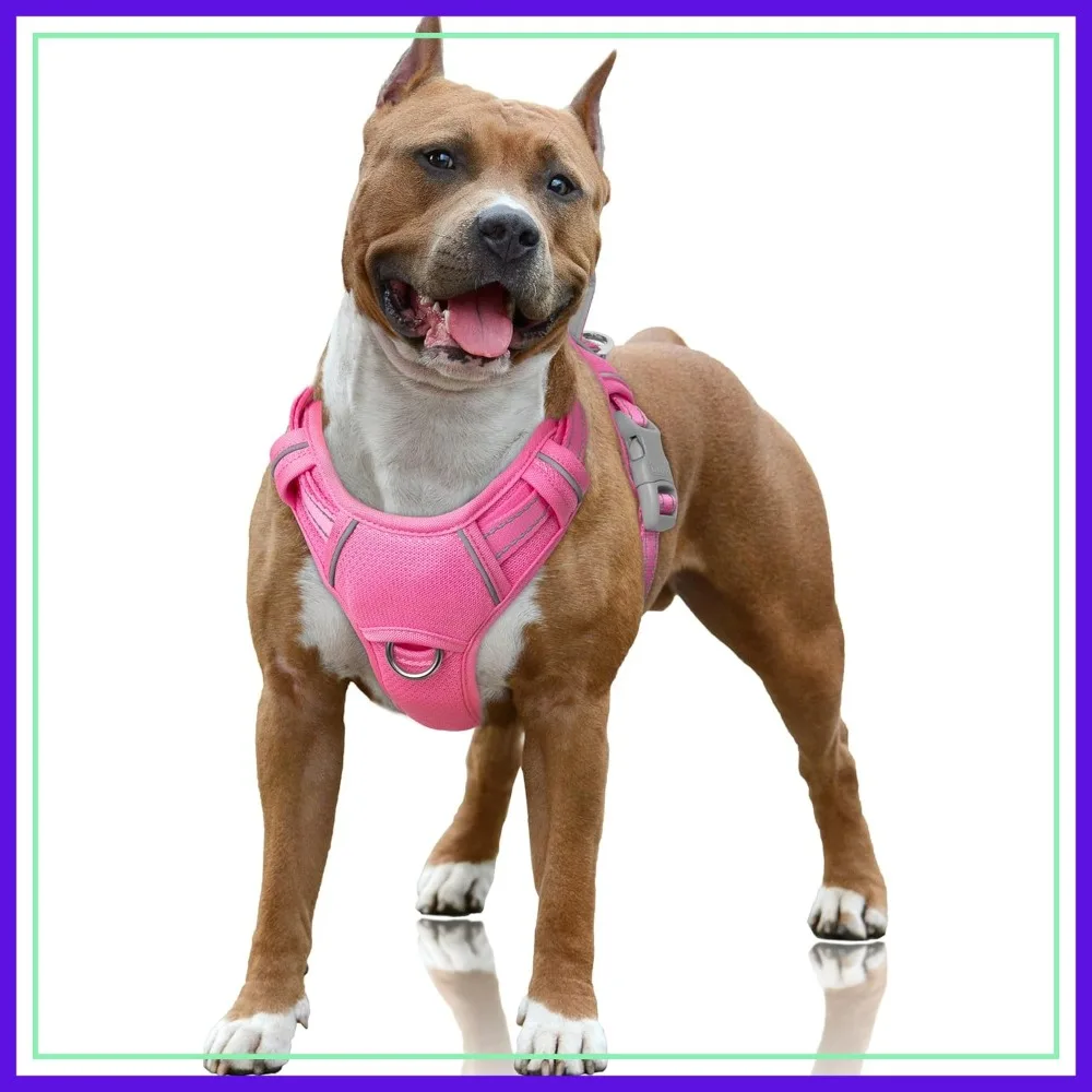 

No Pull Dog Harness Reflective with Front Clip and Handle for Walking Training Running, ID Pocket, Pink, Large