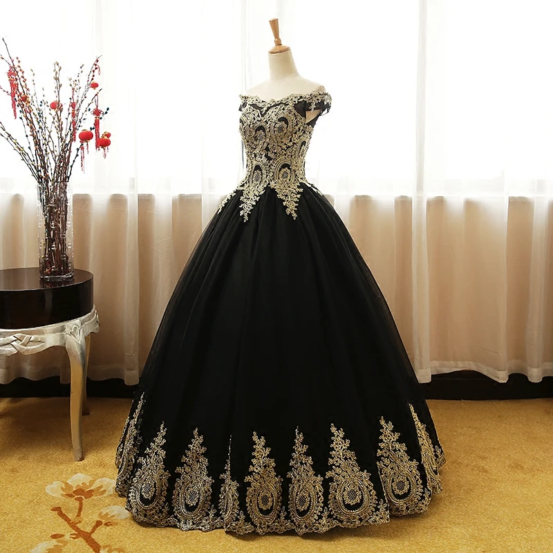 Maßgeschneiderte schwarze Quinceanera-Kleider aus der Schulter, goldene Applikationen, Vestidos De Gala Largos, Abendkleid, Maskerade-Ballkleider