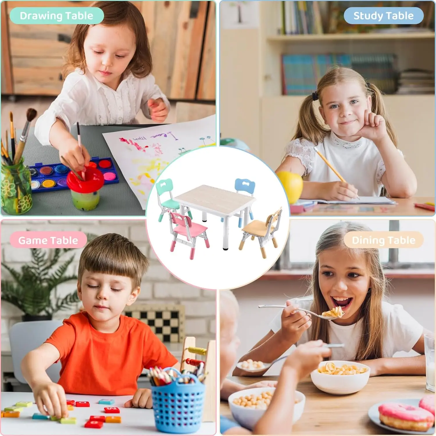 Height-Adjustable Kids Table & 4 Chairs with Graffiti Desk, 31.5'L x 23.6'W for Daycare, Classroom, Home