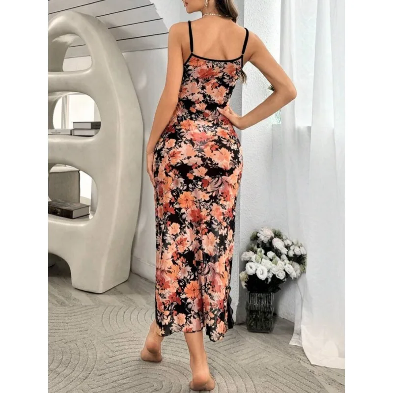 Women's Mesh Print Lace Double Split Party Dress Pajama Set New V-Neck Sexy Design Nightgowns Sleepshirts