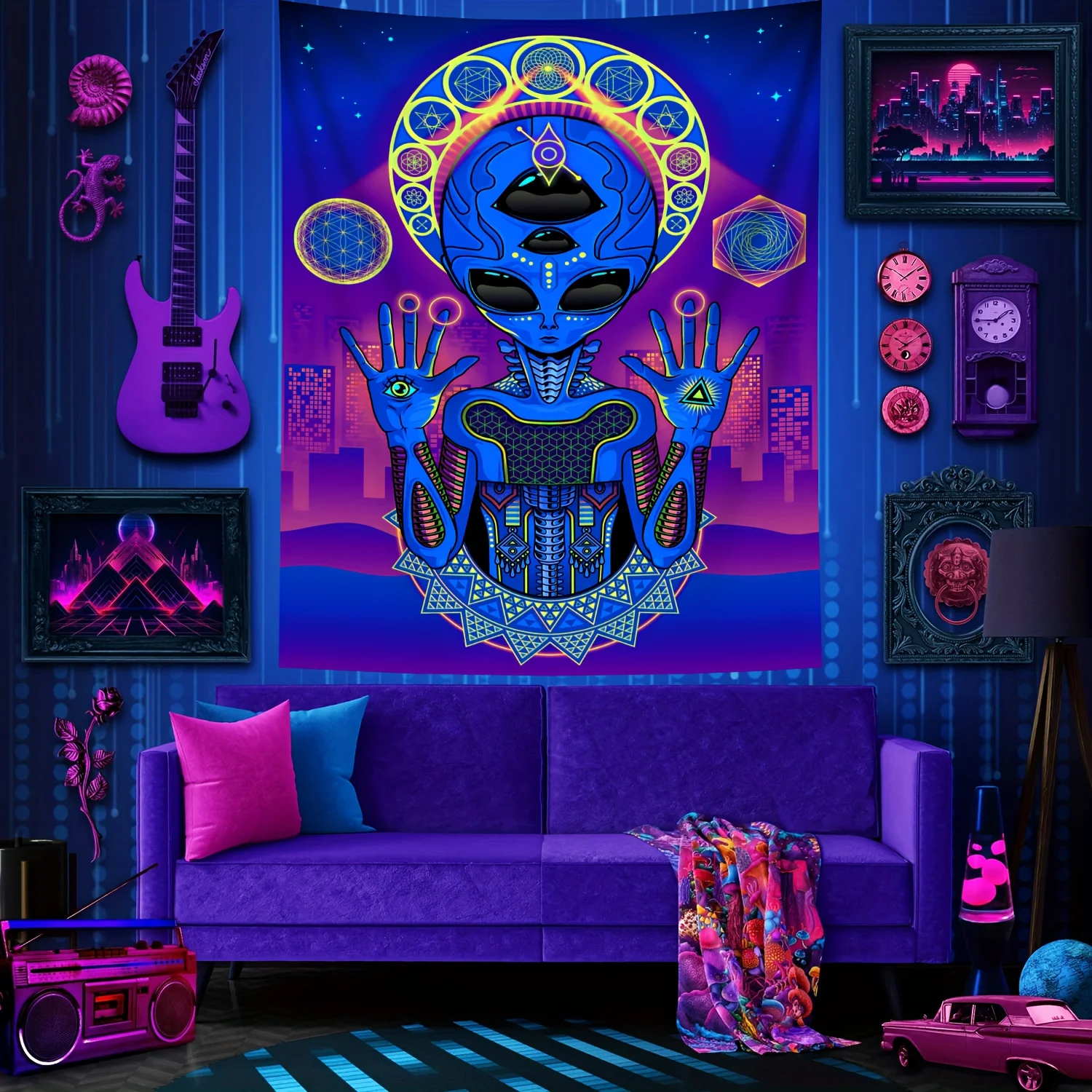 VIKAMA Psychedelic Alien Wohnzimmer Wandteppich Stadt Nachtlandschaft Wohnzimmer Sofa Hintergrund trendige Dekor Zimmer Akzent