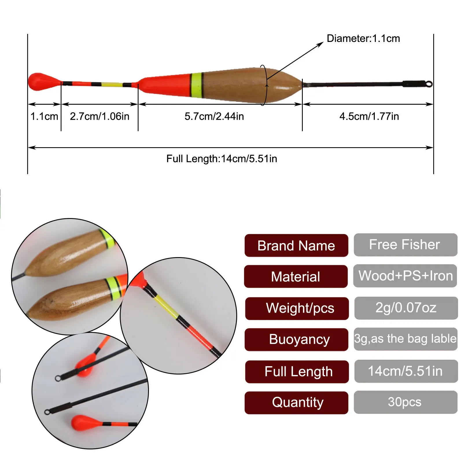 30Pcs/Lot Fishing Bobbers Cork Float Antenna Balsa Wood Fishing Floats Kit 14cm/5.51in Buoyancy 3g Floating for Bass/Carp