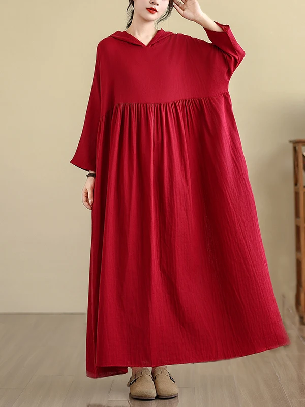 Vermelho início do outono longo Sve Retro Suave Dupla Camada Algodão Linho Dr Pure Color Com Capuz Dr Commute Cintura Solta Cotto...