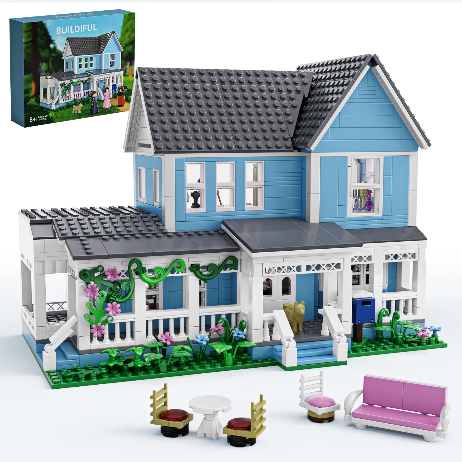 مجموعة مكعبات بناء قصر الفيلا الزرقاء Gilmoreed Girl's House Apartment Cottage Architecture Model Bricks هدايا للفتيات والفتيان