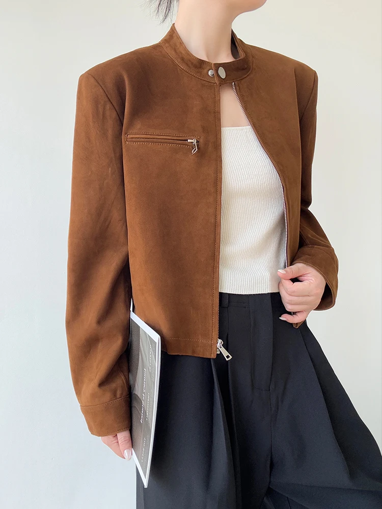 سترات كلاسيكية قصيرة من الجلد الطبيعي من جلد الغزال للنساء لربيع وخريف 2025 معطف جديد عالي الجودة بسيط بياقة واقفة معطف من جلد الغنم الحقيقي النحيف #5