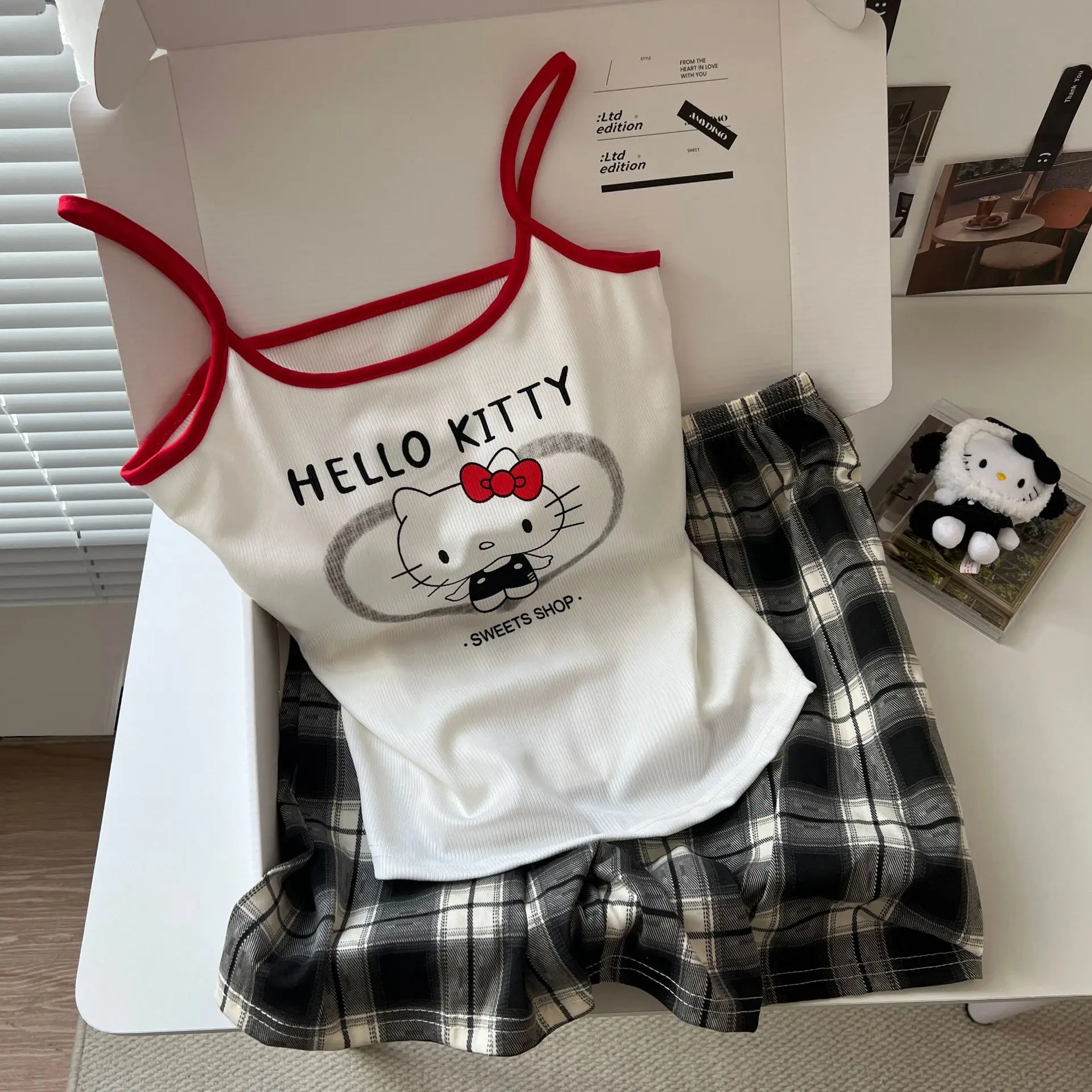 سانريو مرحبا كيتي بيجامة البدلة حبال فتاة طالب الصيف الكرتون القطن الخالص تي شيرت Y2K kawalismo مع وسادة الصدر هدية حلوة #2