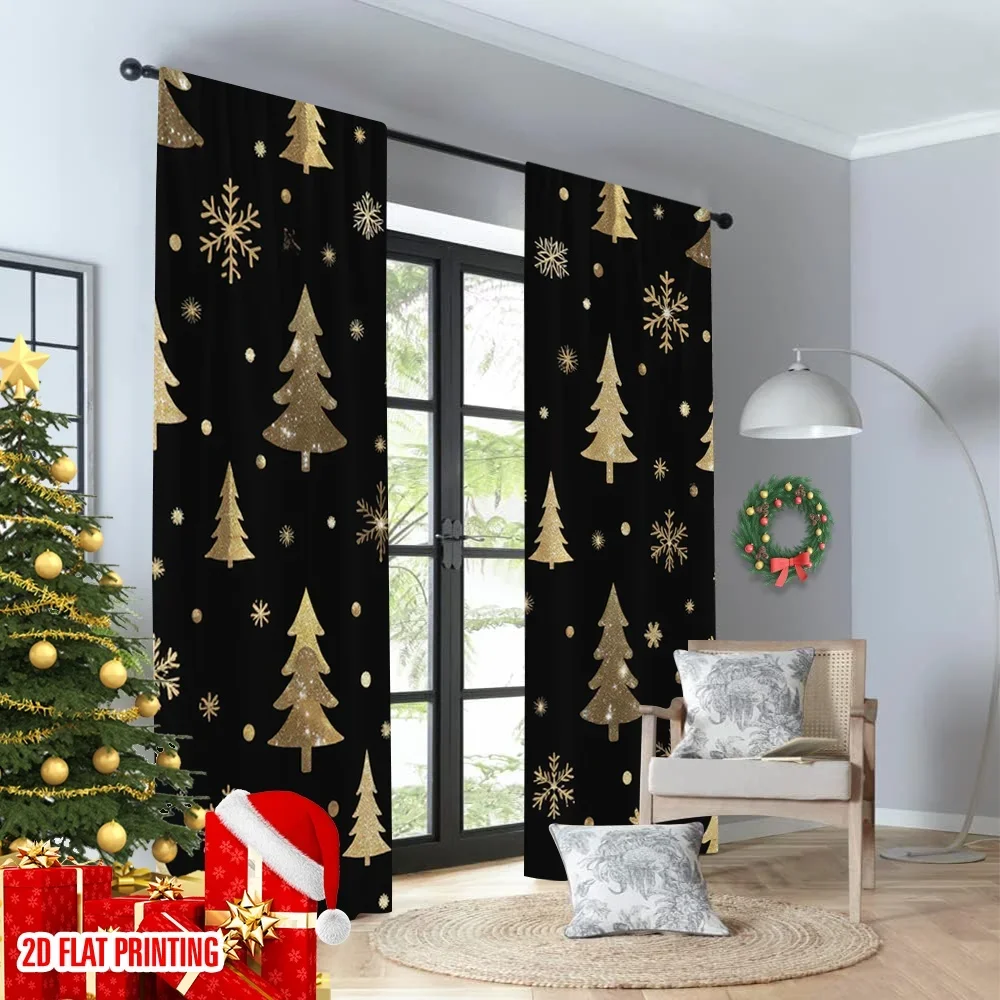 2 قطعة 2D الطباعة المسطحة ستائر الحفلات الذهب أشجار عيد الميلاد الثلج الرقمية المطبوعة البوليستر الستائر الأسرة الطرف استخدام ل #4