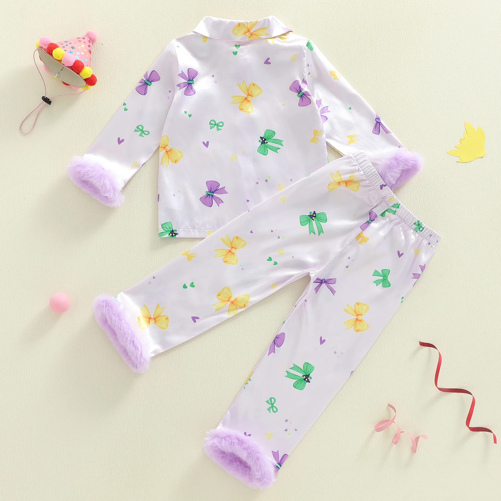 أطقم بيجامات MardiGras للفتيات الصغيرات قطع علوية لطيفة مطبوعة بفيونكة وأكمام طويلة مع بنطال مكون من قطعتين ملابس نوم