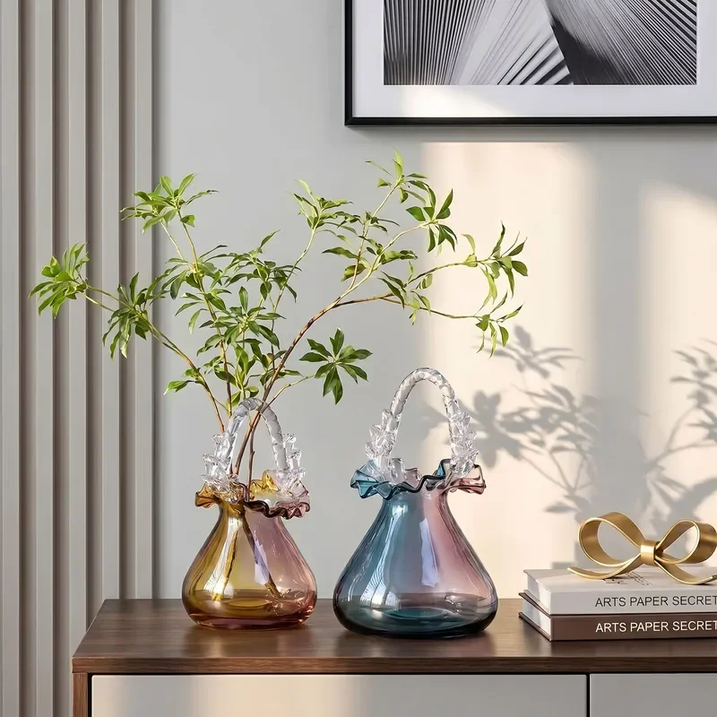 Premium sense exquisite light luxury glazed hand basket vase glass flower basket guest K hall home soft decoration jewelry