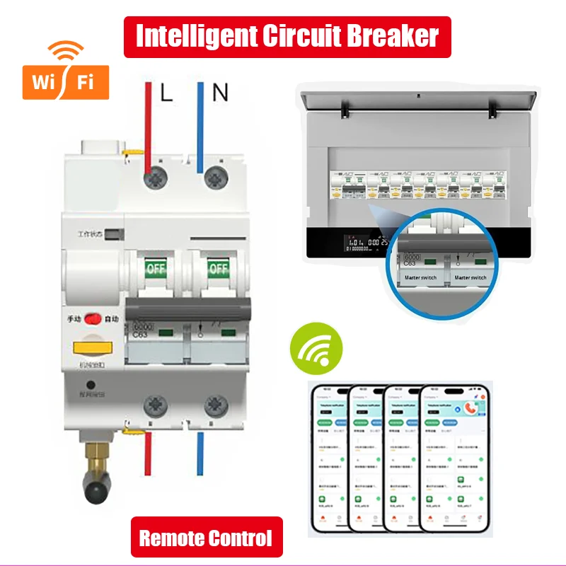 AC 230V 2P 63A Smart Circuit Breaker APP Remote Control WIFI Short Circuit Protection Timed Switch With Auto Reclosing Function