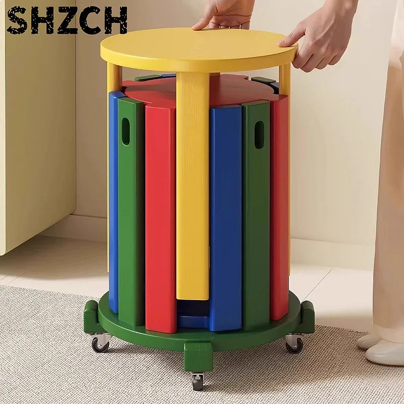 Colorful Solid Wood Nesting Stools Stackable Round Shoe Stool Space Saving Furniture