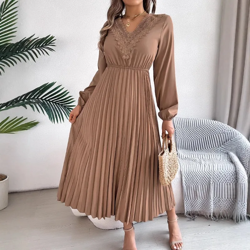 

Women's Autumn Spring Dress Elegance Charm V-neck Lace Fitted Waist Pleated Comfortable Casual Minimalist Fashionable Versatile