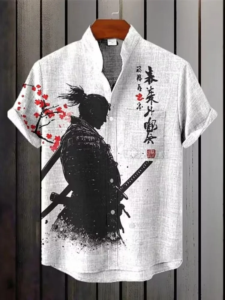 Summer men's shirt short sleeved shirt ukiyo-e dragon warrior cat print lapel shirt personalized loose casual beach vacation top