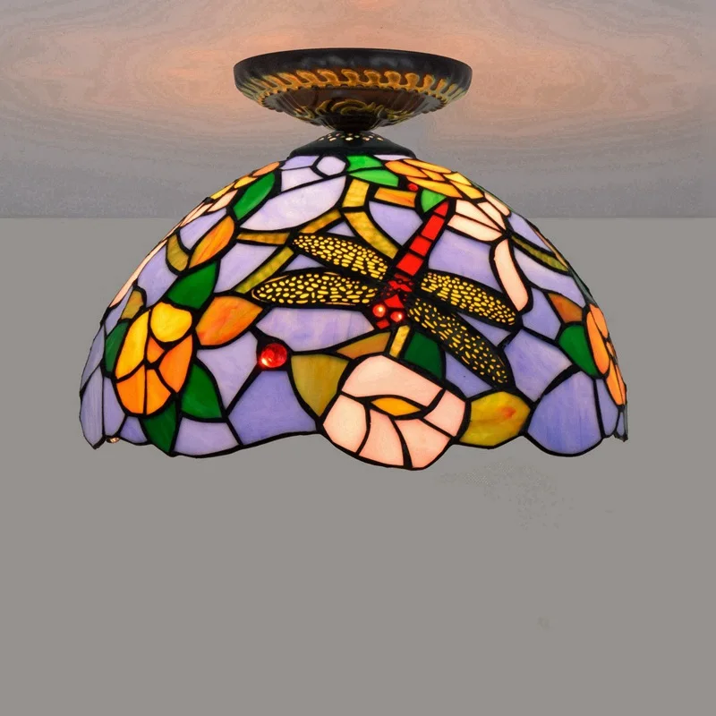 

Tiffany Art Lamp Blue Dragonfly Stained Glass Lampshade Retro Home Decoration Led Ceiling Lamp