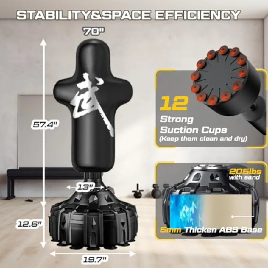 حقيبة ملاكمة قائمة بذاتها مقاس 70 بوصة مع قفازات ملاكمة حقيبة كيك بوكسينغ شديدة التحمل للرجال البالغين مع قاعدة كوب شفط باللون الأسود