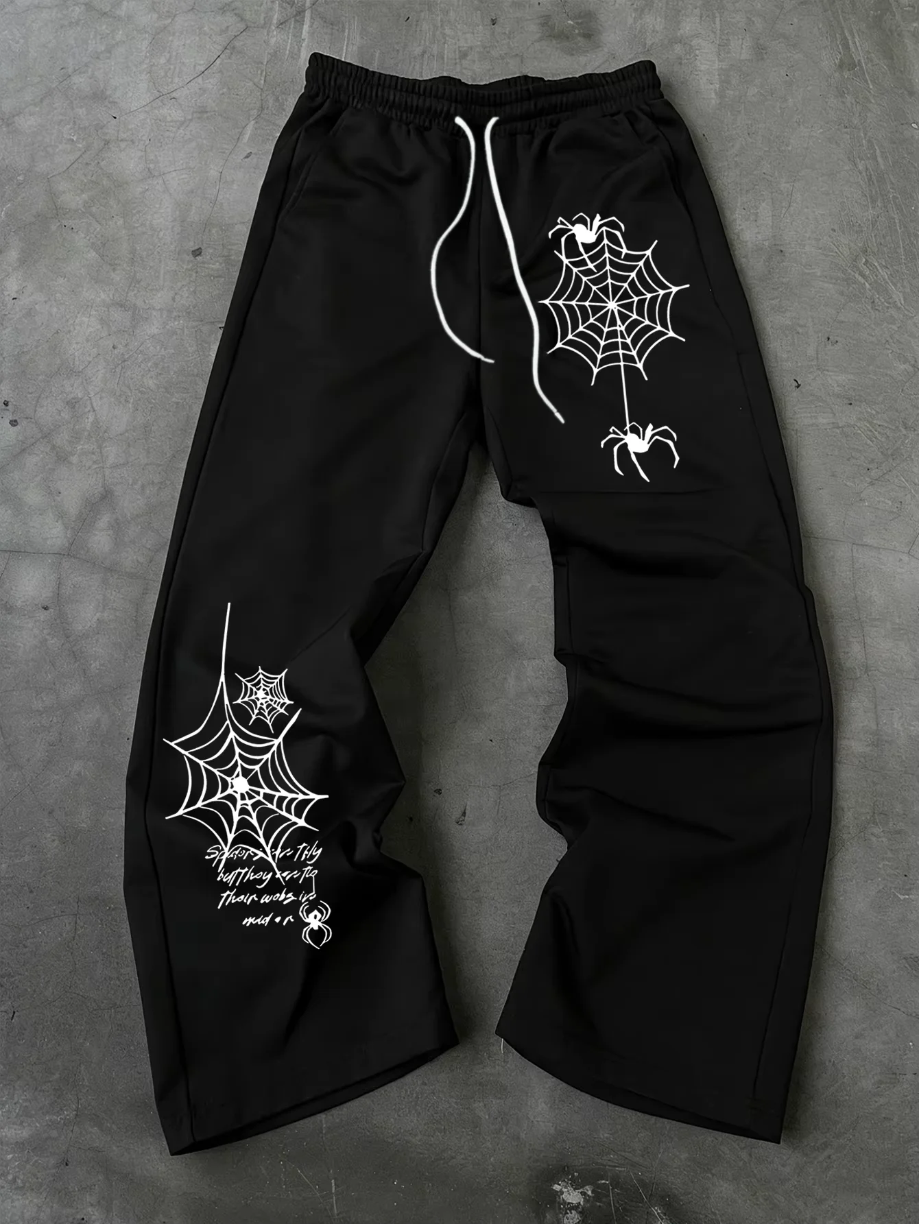 Wide Leg Trousers, Spider Web Gothic Graphic Print, Drawstring Elastic Waist, Dark Streetwear Loose Casual Bottoms