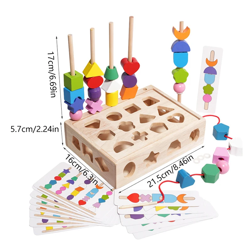 Zabawki drewniane 3 w 1 do sortowania kolorów i układania w stosy, zabawki Montessori, sorter kształtów geometrycznych, zabawki do dopasowywania, zestaw zabawek do nawlekania koralików i łączenia.