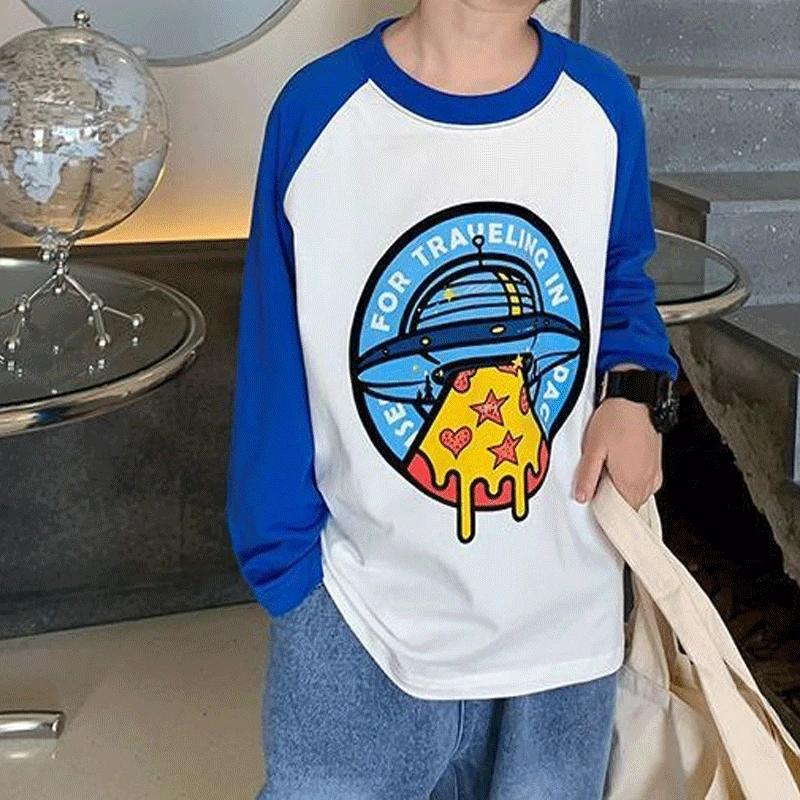 

2023 Spring New Cotton Kids Clothing Fashion Casual Korean Version Long Sleeve Round Neck Cartoon Pattern Printed Loose T-shirt