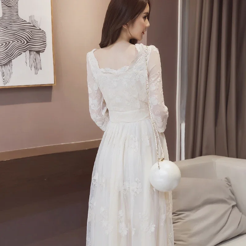 Elegant Woman Long Sleeve Dress White Embroidery Dresses for Women Vintage Cheap Casual One Pieces Clothes On Sales Kpop Elastic