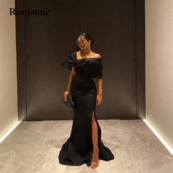 Romantic Evening Dress 2022 Black Satin Side High Slit Off The Sholder With Bow Prom Gowns For Special Occasion Women Vestido