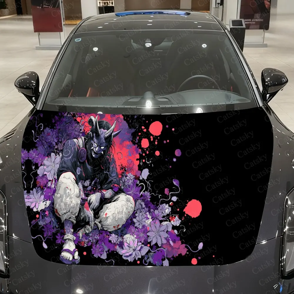

Purple Ink Cherry Blossom Oni Samurai Car Vinyl Wrap, PVC Material Waterproof Car Hood Sticker, Self-Adhesive Scratch-Resistant