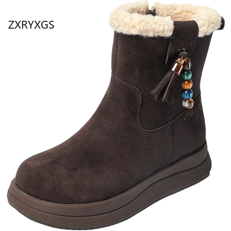 

ZXRYXGS 2025 Top Layer Cow Suede Beading Women Fashion Boots Warm Snow Boots Flat Heel Thick Sole Large Size Women Cotton Boots