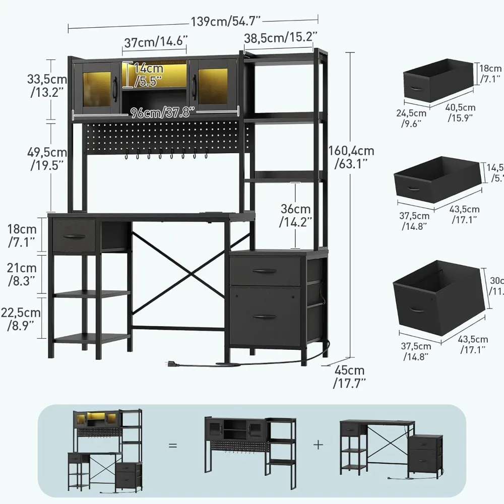 مكتب كمبيوتر صغير مع كوخ وأدراج، مكتب كتابة قابل للتمديد مع طاولة ثانوية قابلة للسحب، حامل شاشة وعجلات دوارة، ج #2